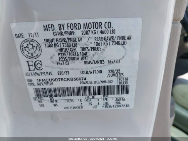 Photo 8 VIN: 1FMCU9D75CKB58674 - FORD ESCAPE 