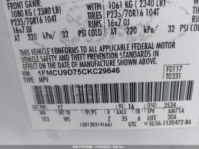 Photo 8 VIN: 1FMCU9D75CKC29646 - FORD ESCAPE 