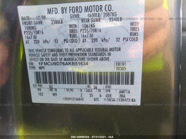 Photo 8 VIN: 1FMCU9D76AKB51634 - FORD ESCAPE 