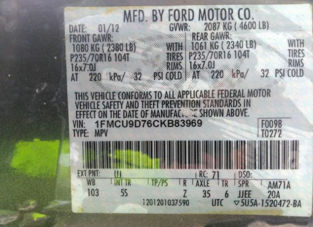 Photo 8 VIN: 1FMCU9D76CKB83969 - FORD ESCAPE 