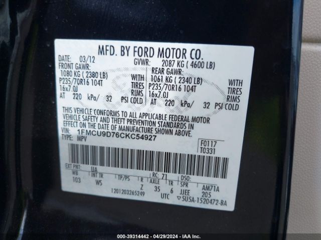 Photo 8 VIN: 1FMCU9D76CKC54927 - FORD ESCAPE 