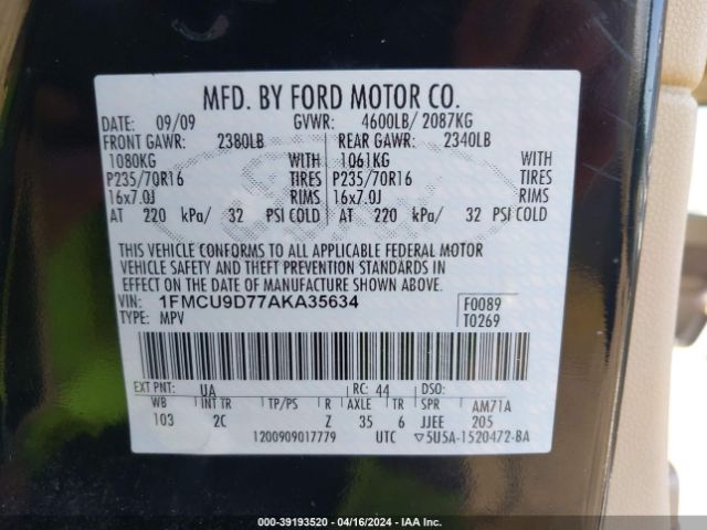 Photo 8 VIN: 1FMCU9D77AKA35634 - FORD ESCAPE 