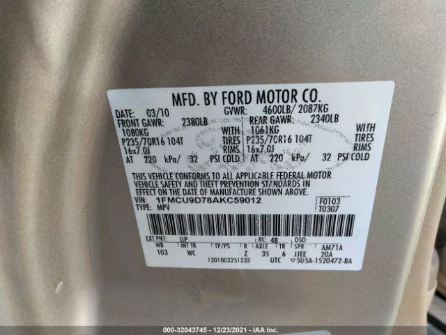 Photo 8 VIN: 1FMCU9D78AKC59012 - FORD ESCAPE 