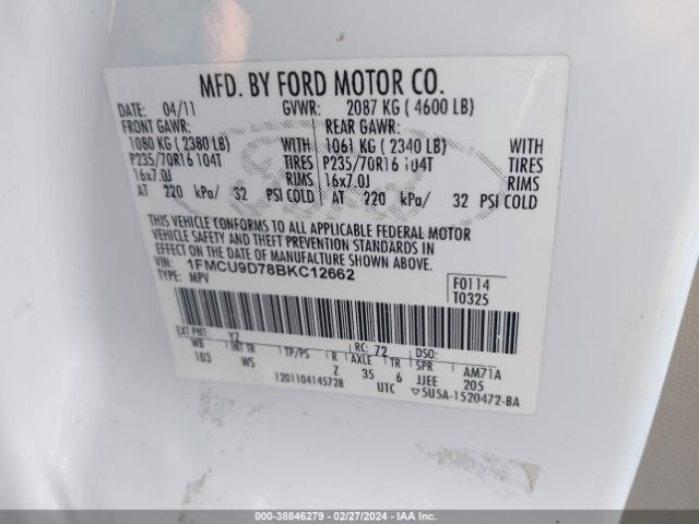 Photo 8 VIN: 1FMCU9D78BKC12662 - FORD ESCAPE 