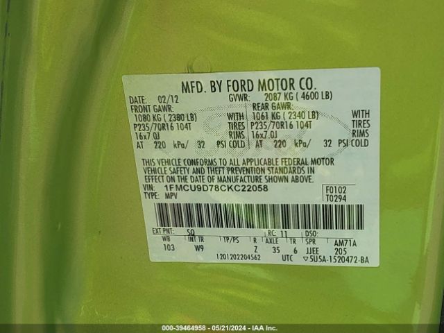 Photo 8 VIN: 1FMCU9D78CKC22058 - FORD ESCAPE 