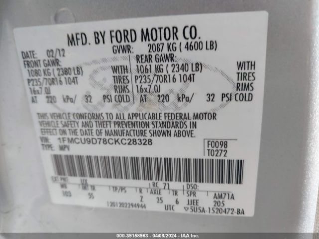 Photo 8 VIN: 1FMCU9D78CKC28328 - FORD ESCAPE 