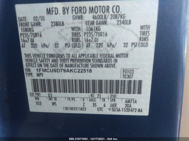 Photo 8 VIN: 1FMCU9D79AKC22518 - FORD ESCAPE 