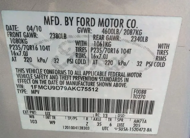 Photo 8 VIN: 1FMCU9D79AKC75512 - FORD ESCAPE 