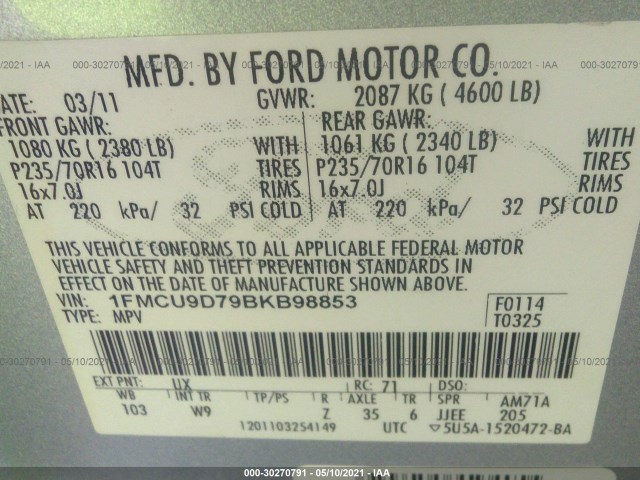 Photo 8 VIN: 1FMCU9D79BKB98853 - FORD ESCAPE 