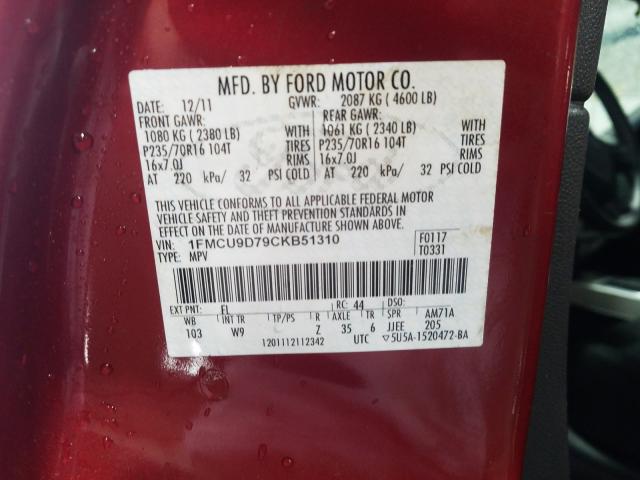 Photo 9 VIN: 1FMCU9D79CKB51310 - FORD ESCAPE XLT 