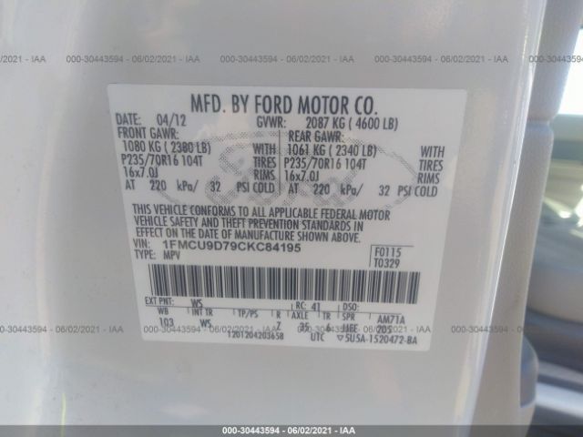 Photo 8 VIN: 1FMCU9D79CKC84195 - FORD ESCAPE 