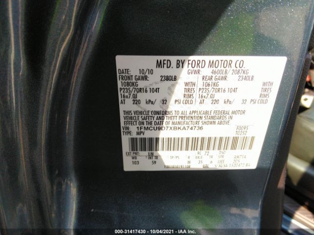 Photo 8 VIN: 1FMCU9D7XBKA74736 - FORD ESCAPE 