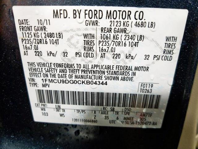 Photo 9 VIN: 1FMCU9DG0CKB04344 - FORD ESCAPE XLT 