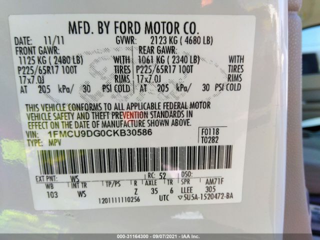 Photo 8 VIN: 1FMCU9DG0CKB30586 - FORD ESCAPE 