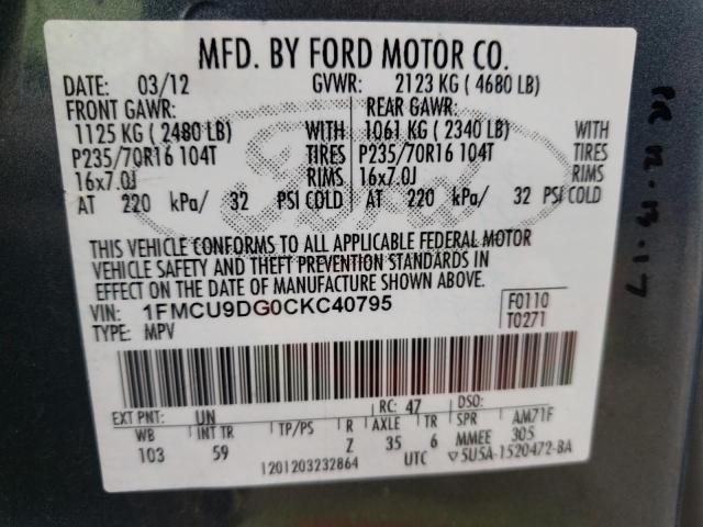 Photo 9 VIN: 1FMCU9DG0CKC40795 - FORD ESCAPE XLT 