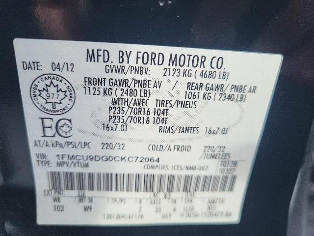 Photo 12 VIN: 1FMCU9DG0CKC72064 - FORD ESCAPE XLT 