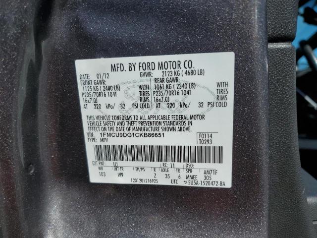 Photo 12 VIN: 1FMCU9DG1CKB86651 - FORD ESCAPE XLT 