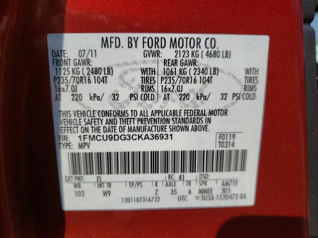 Photo 9 VIN: 1FMCU9DG3CKA36931 - FORD ESCAPE XLT 