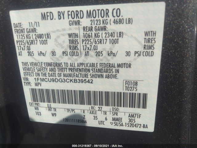 Photo 8 VIN: 1FMCU9DG3CKB39542 - FORD ESCAPE 