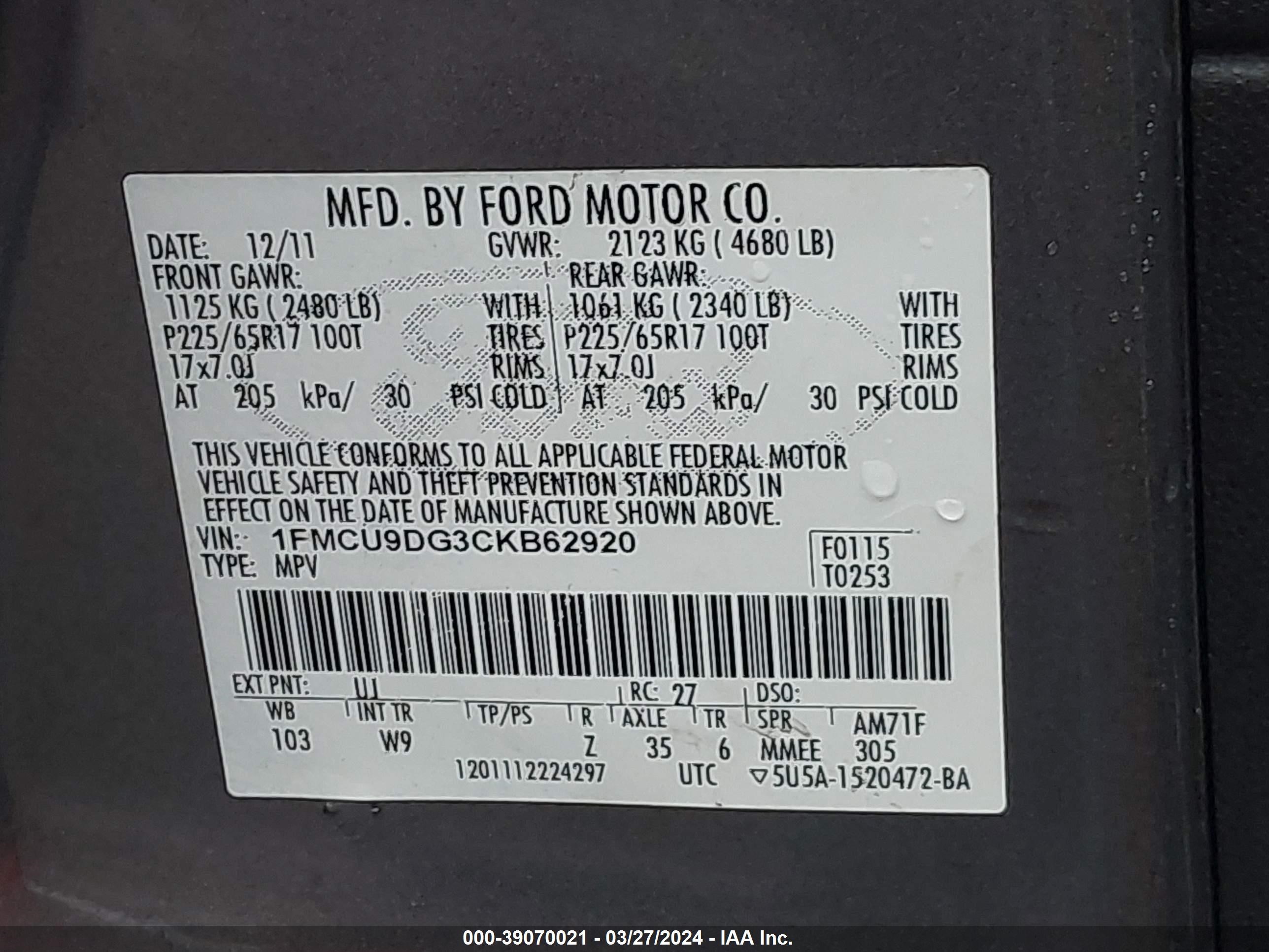 Photo 8 VIN: 1FMCU9DG3CKB62920 - FORD ESCAPE 