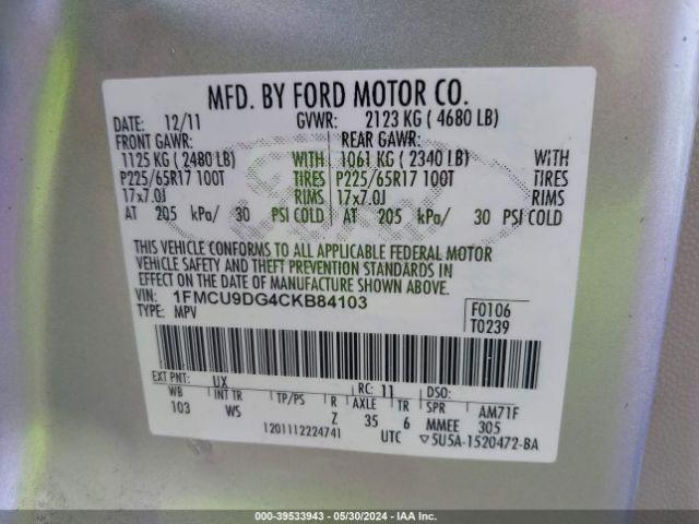 Photo 8 VIN: 1FMCU9DG4CKB84103 - FORD ESCAPE 