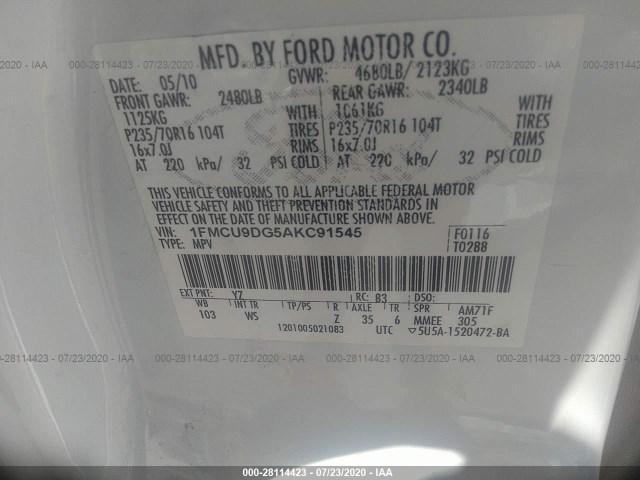 Photo 8 VIN: 1FMCU9DG5AKC91545 - FORD ESCAPE 