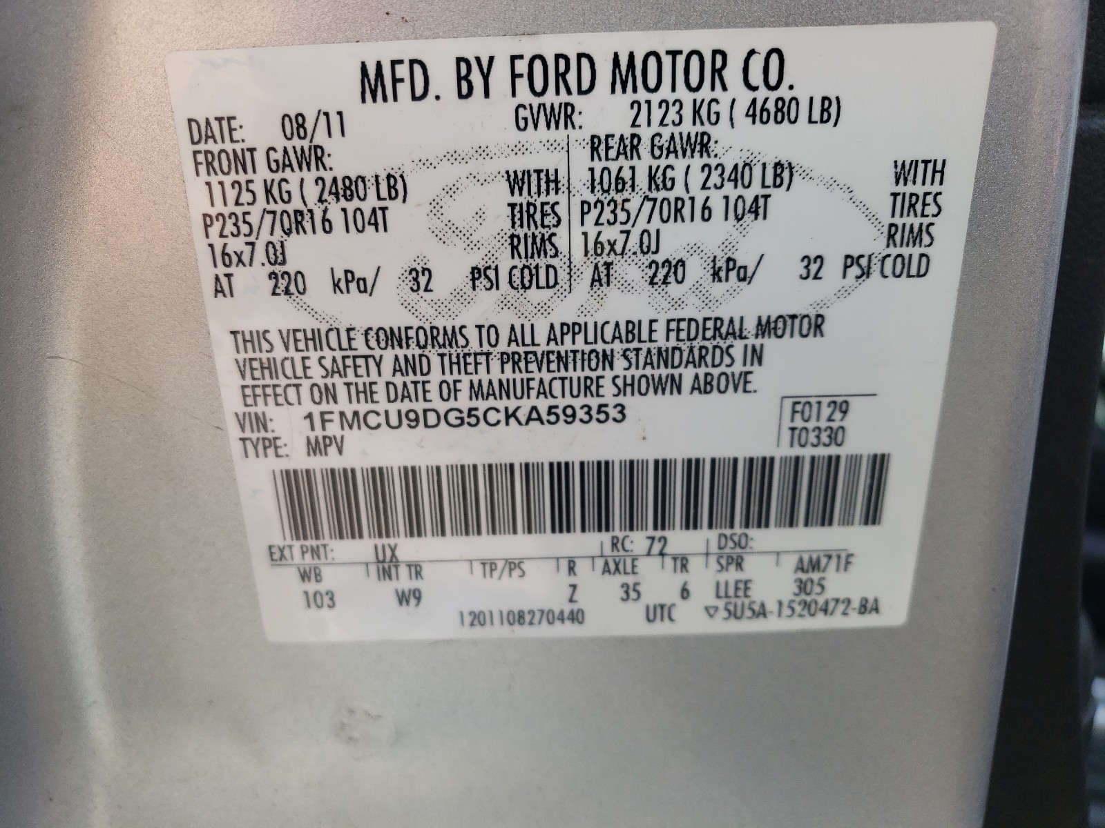 Photo 9 VIN: 1FMCU9DG5CKA59353 - FORD ESCAPE XLT 