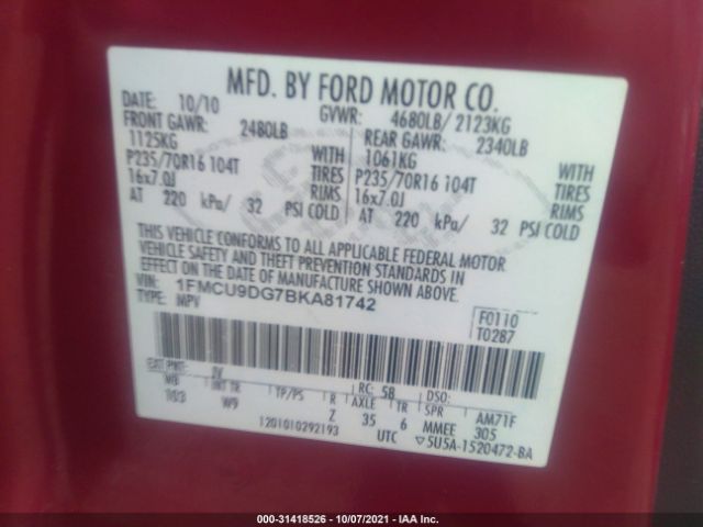 Photo 8 VIN: 1FMCU9DG7BKA81742 - FORD ESCAPE 