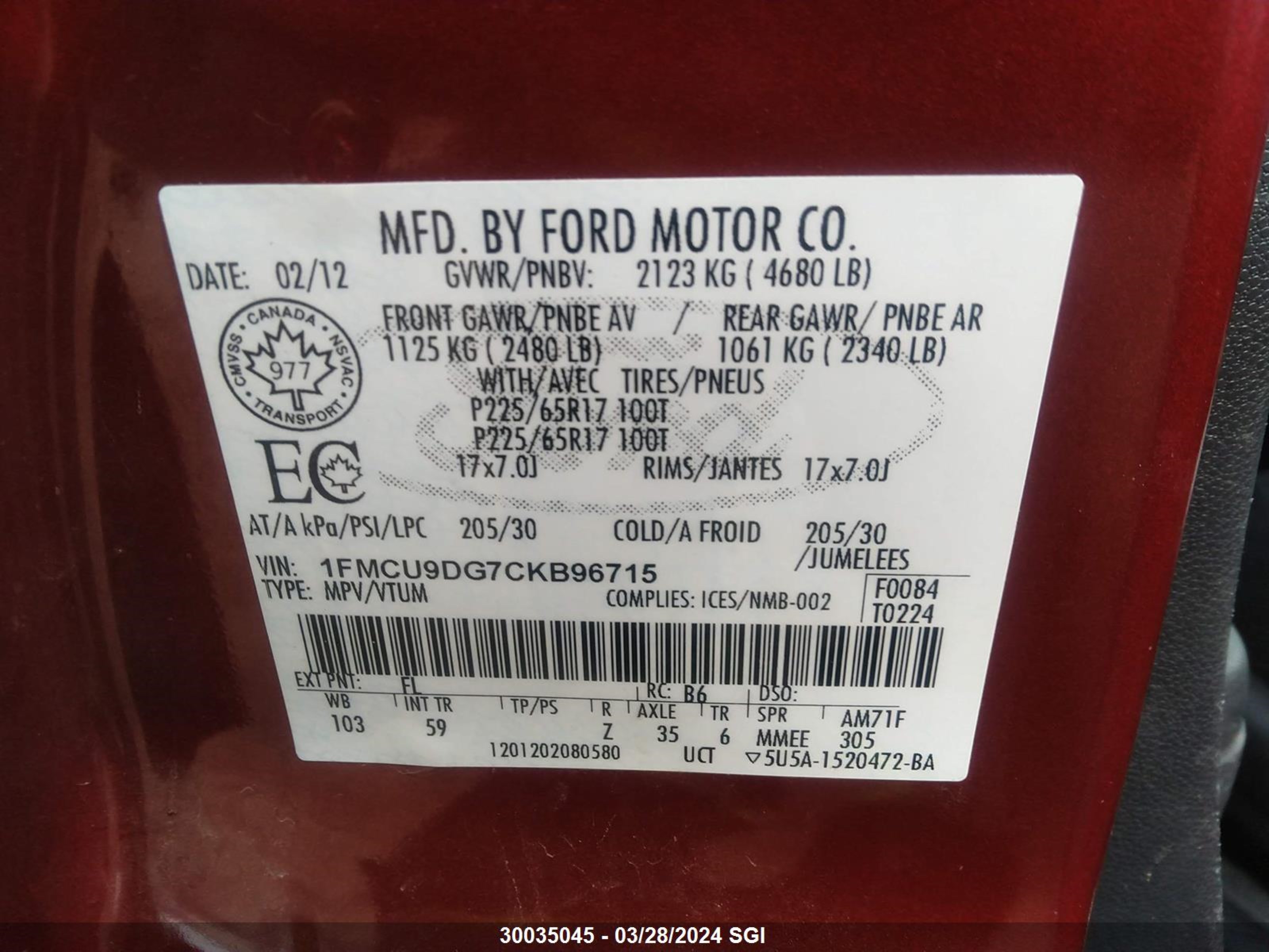 Photo 8 VIN: 1FMCU9DG7CKB96715 - FORD ESCAPE 