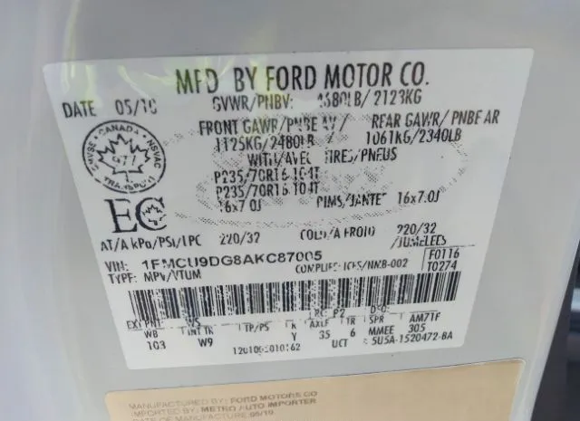 Photo 8 VIN: 1FMCU9DG8AKC87005 - FORD ESCAPE 