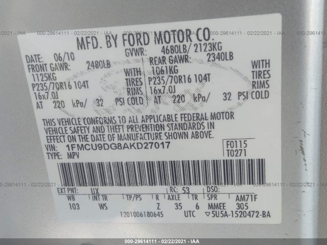 Photo 8 VIN: 1FMCU9DG8AKD27017 - FORD ESCAPE 