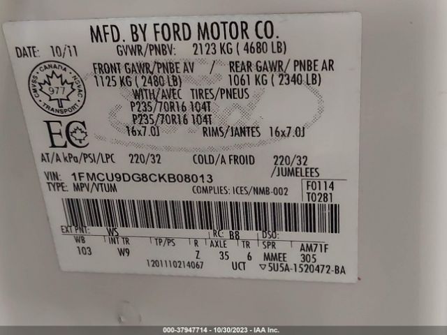 Photo 8 VIN: 1FMCU9DG8CKB08013 - FORD ESCAPE 