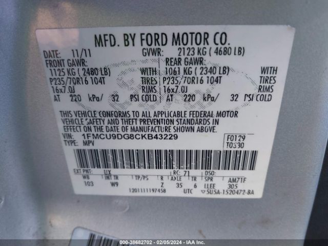 Photo 8 VIN: 1FMCU9DG8CKB43229 - FORD ESCAPE 