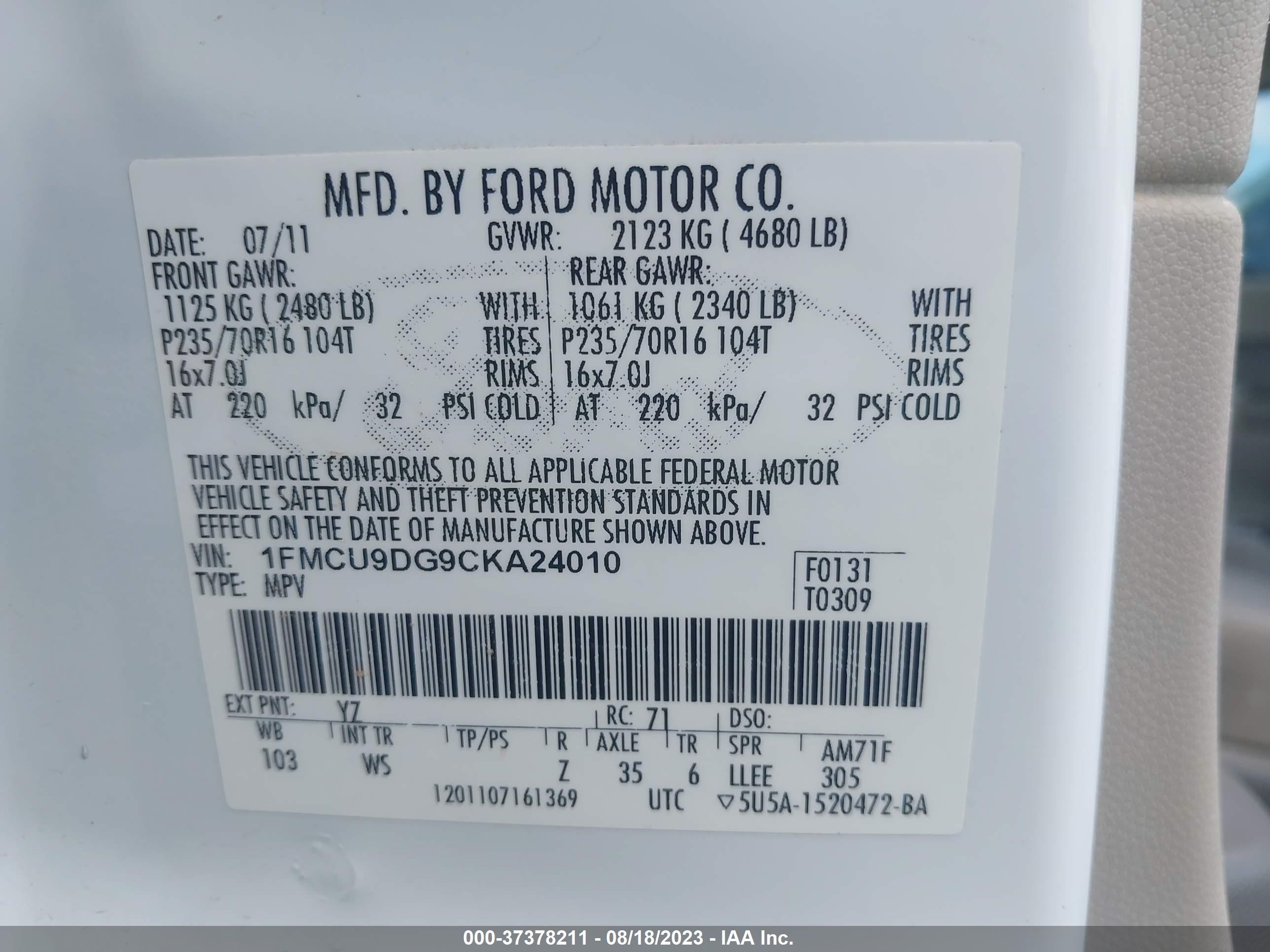 Photo 8 VIN: 1FMCU9DG9CKA24010 - FORD ESCAPE 