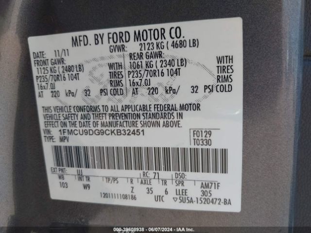 Photo 8 VIN: 1FMCU9DG9CKB32451 - FORD ESCAPE 