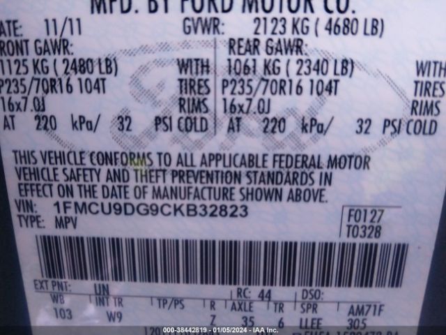 Photo 8 VIN: 1FMCU9DG9CKB32823 - FORD ESCAPE 