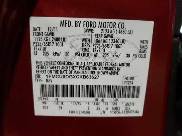 Photo 9 VIN: 1FMCU9DGXCKB63627 - FORD ESCAPE XLT 