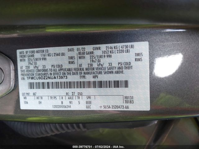 Photo 8 VIN: 1FMCU9DZ2NUA13973 - FORD ESCAPE 