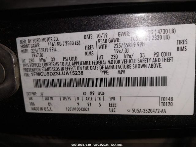 Photo 8 VIN: 1FMCU9DZ8LUA15238 - FORD ESCAPE 