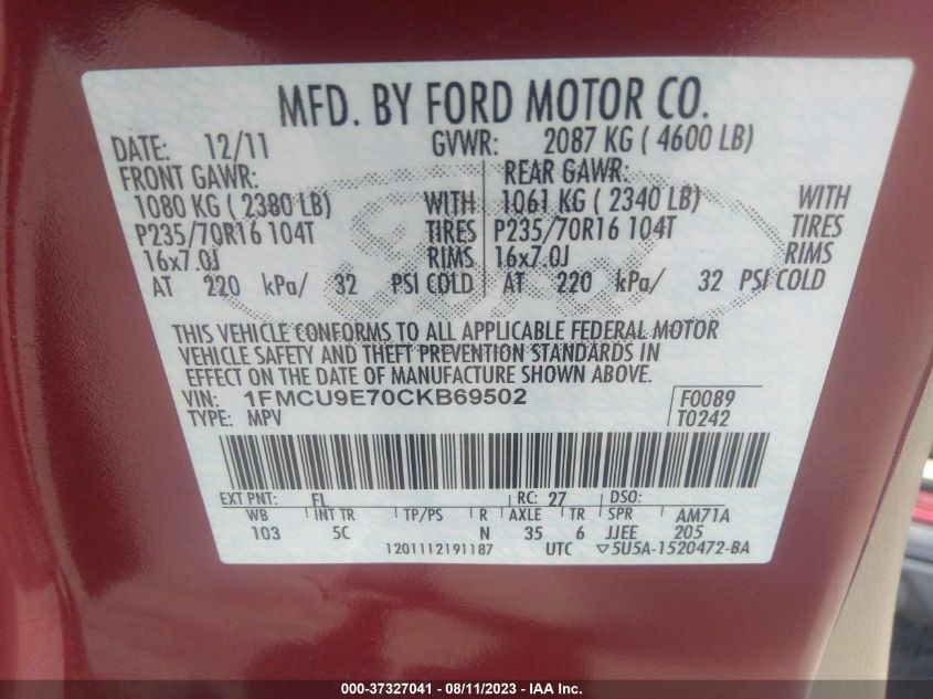 Photo 8 VIN: 1FMCU9E70CKB69502 - FORD ESCAPE 