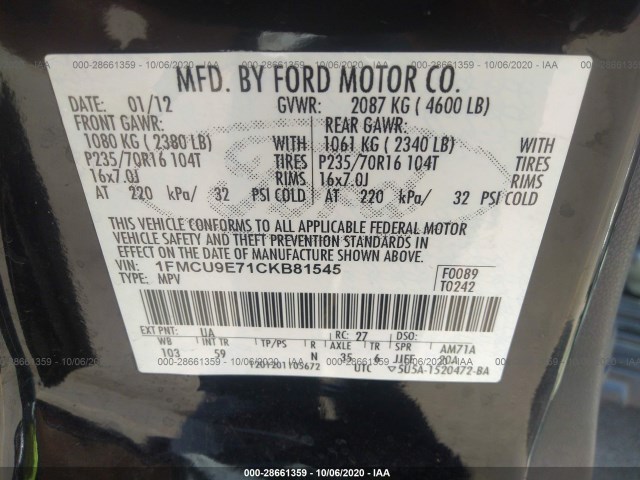 Photo 8 VIN: 1FMCU9E71CKB81545 - FORD ESCAPE 