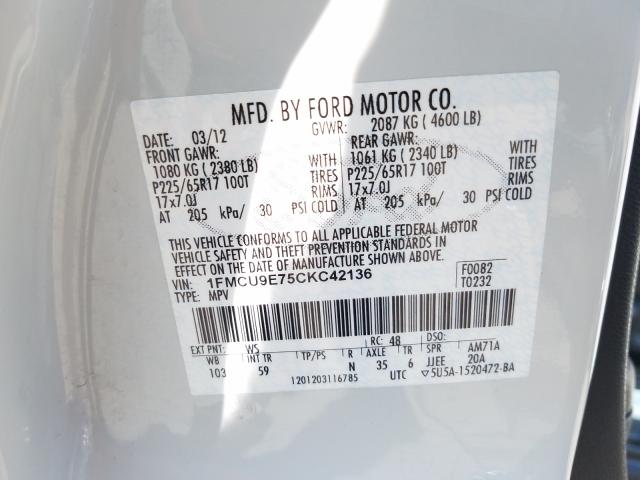 Photo 9 VIN: 1FMCU9E75CKC42136 - FORD ESCAPE LIM 