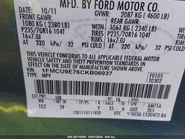 Photo 8 VIN: 1FMCU9E76CKB06937 - FORD ESCAPE 