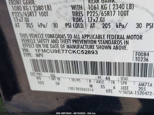 Photo 8 VIN: 1FMCU9E77CKC52893 - FORD ESCAPE 