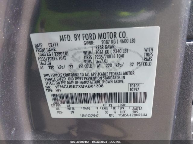 Photo 8 VIN: 1FMCU9E7XBKB61308 - FORD ESCAPE 