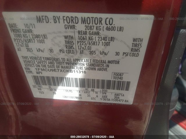 Photo 8 VIN: 1FMCU9E7XCKB11316 - FORD ESCAPE 