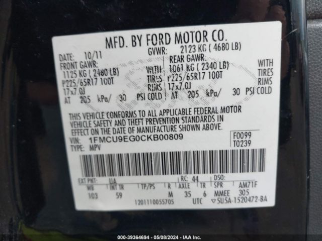 Photo 8 VIN: 1FMCU9EG0CKB00809 - FORD ESCAPE 