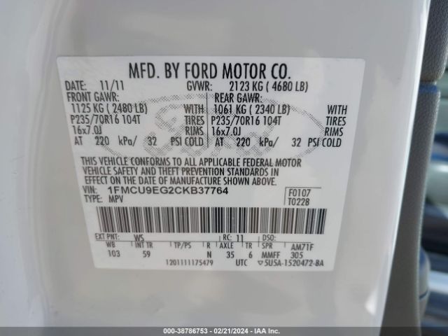 Photo 8 VIN: 1FMCU9EG2CKB37764 - FORD ESCAPE 