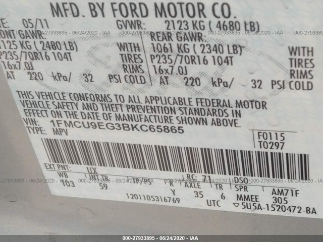 Photo 8 VIN: 1FMCU9EG3BKC65865 - FORD ESCAPE 