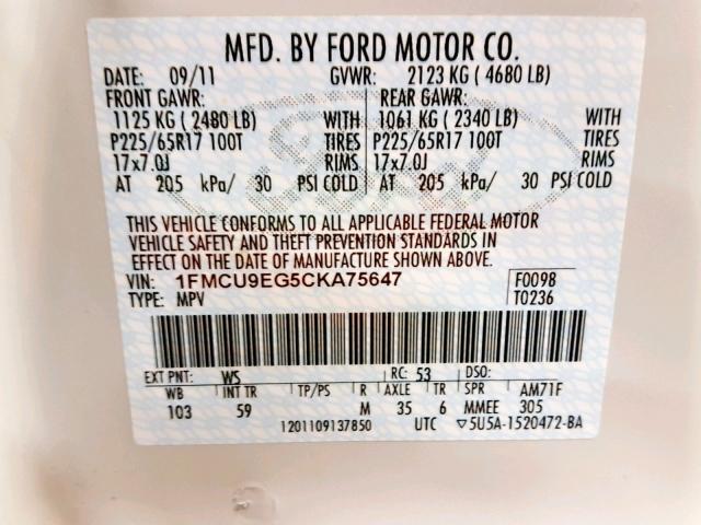 Photo 9 VIN: 1FMCU9EG5CKA75647 - FORD ESCAPE LIM 